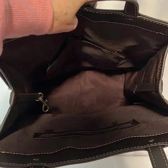 TOTE HANDBAG TWO TONE SUEDE EMBOSSED FLORAL PATTERN DOUBLE HANDLES‎ - Picture 7 of 7